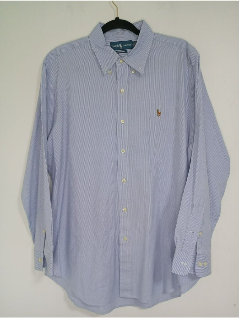 Ralph Lauren Custom Fit Blue White Striped Button Shirt Size16.5 Mens Cotton